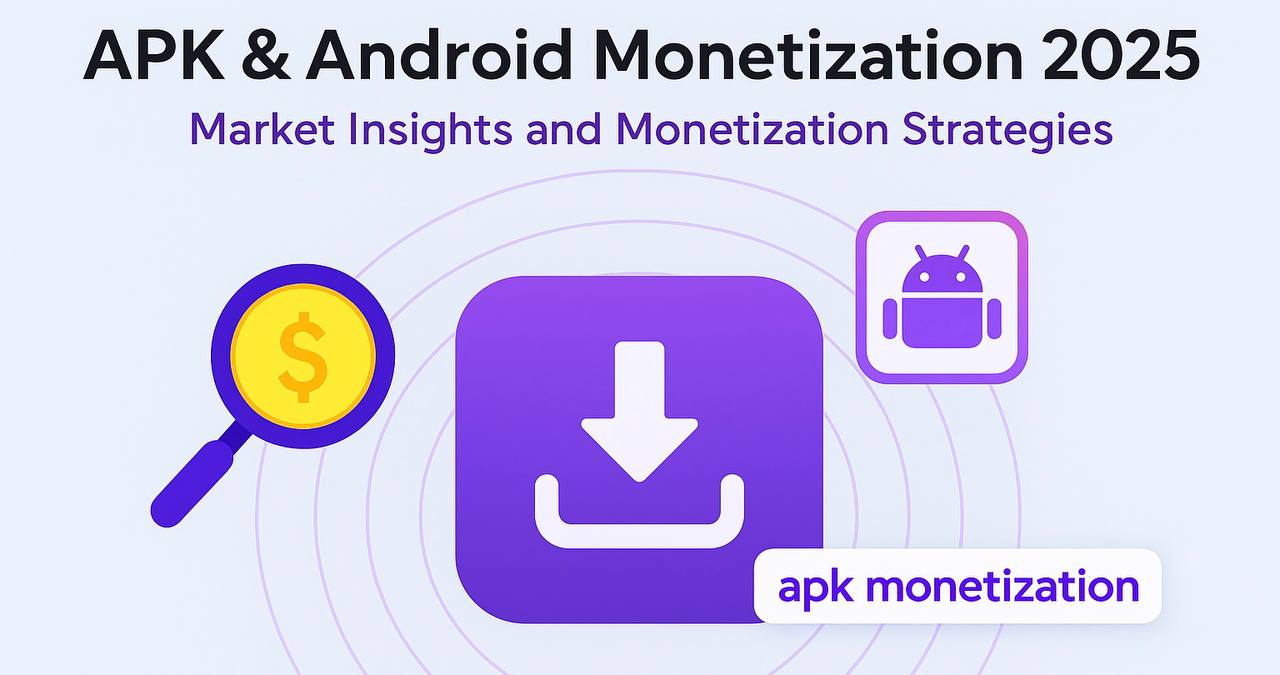 APK and Android monetization 2025: market insights and monetization strategies with icons of a dollar sign, download arrow, and Android logo