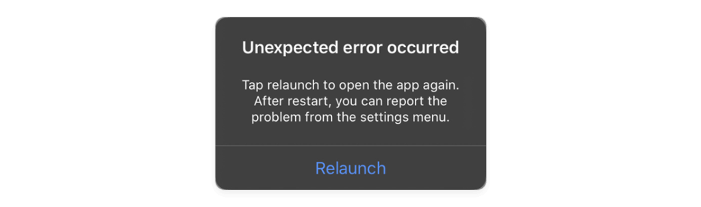 Smartphone app crash error message