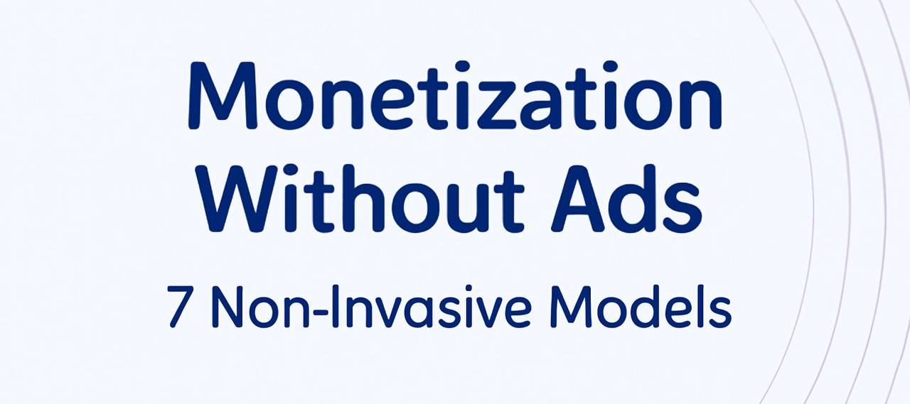 An image with the text "Monetization Without Ads: 7 Non-Invasive Models" centered in bold dark blue font on a light lavender background. Thin curved lines extend from the right side, adding visual interest to the minimalist design