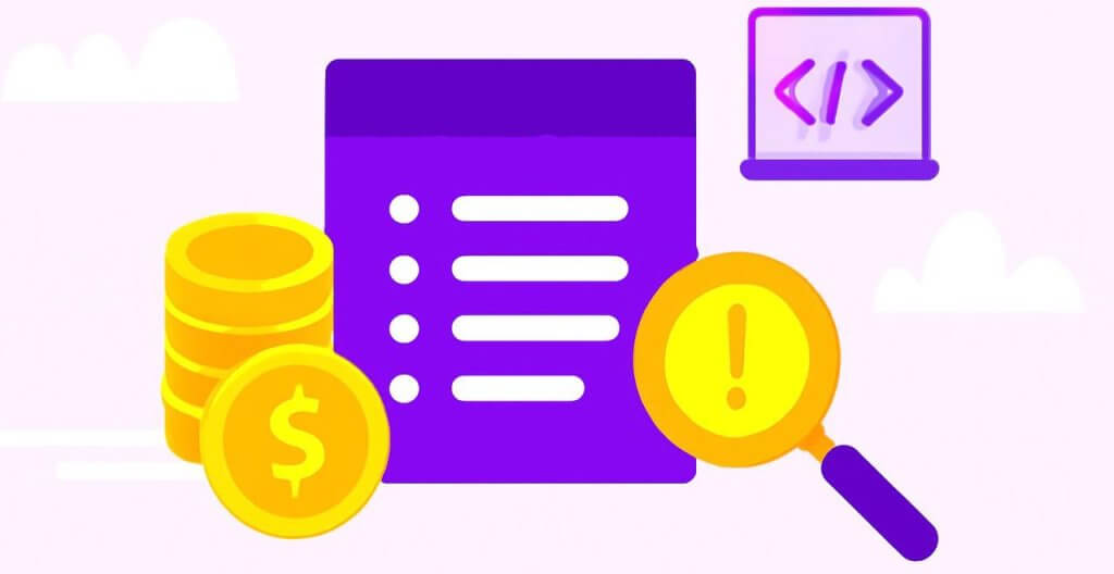 Flat-style digital illustration representing game monetization with a purple money bag, magnifying glass, a game controller, bar chart, and HTML code icons, set against a soft lavender background. The title 'Game Monetization 101: Models and Metrics' is displayed in bold black text below.