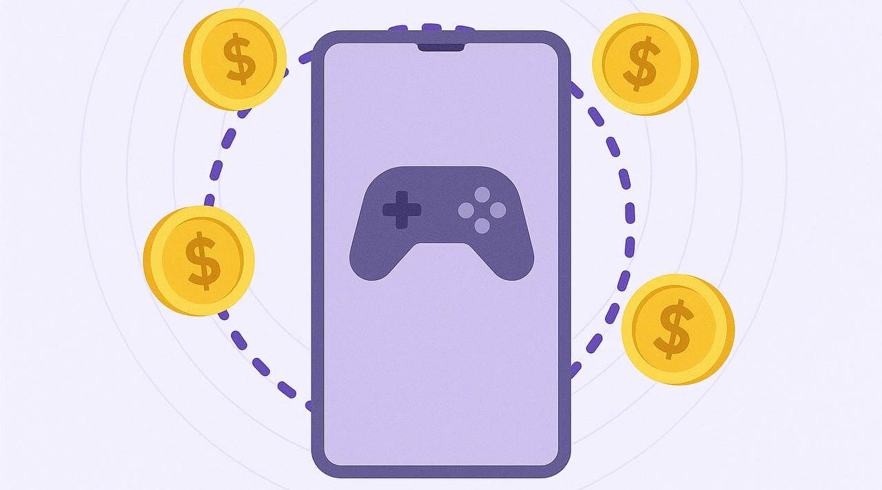 Android smartphone displaying a game controller icon, surrounded by golden coins with dollar signs, illustrating mobile game monetization