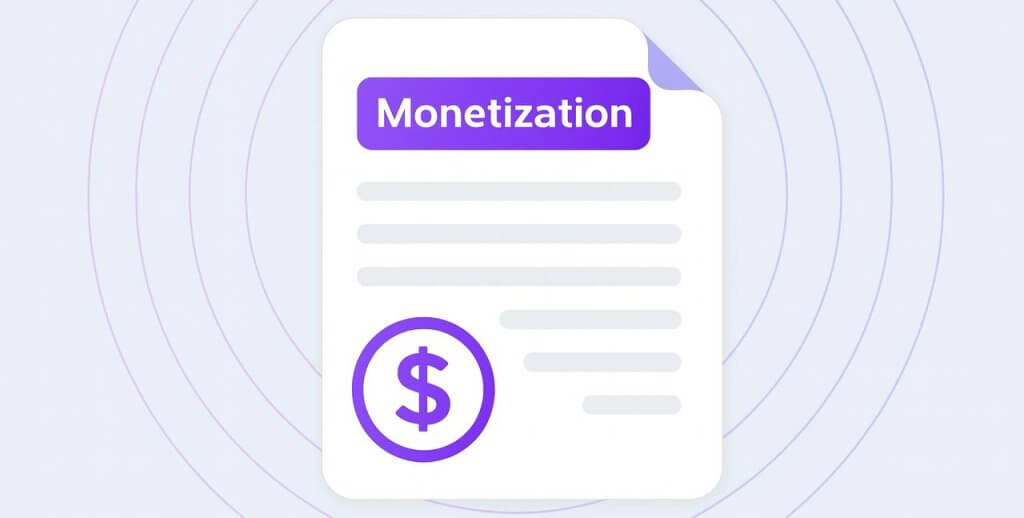 Illustration of a white document labeled 'Monetization' with a dollar sign icon, placed on a soft lavender background featuring concentric purple circles, representing SDK-based app monetization.