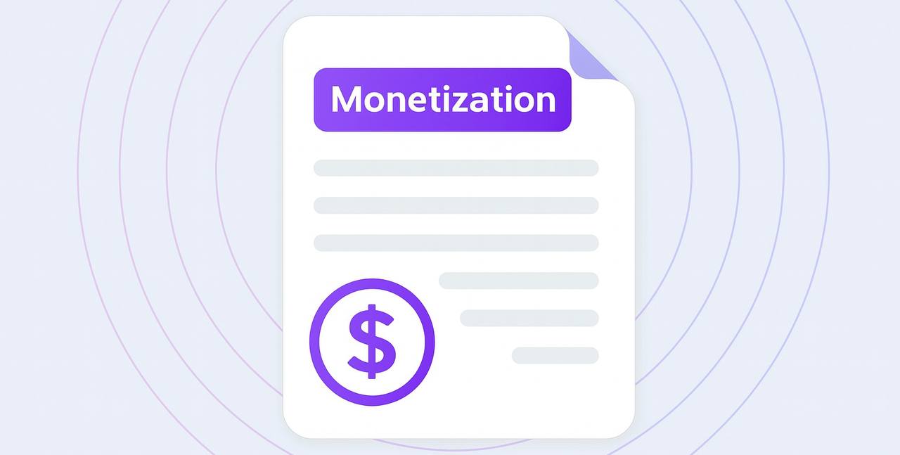 Illustration of a white document labeled 'Monetization' with a dollar sign icon, placed on a soft lavender background featuring concentric purple circles, representing SDK-based app monetization.