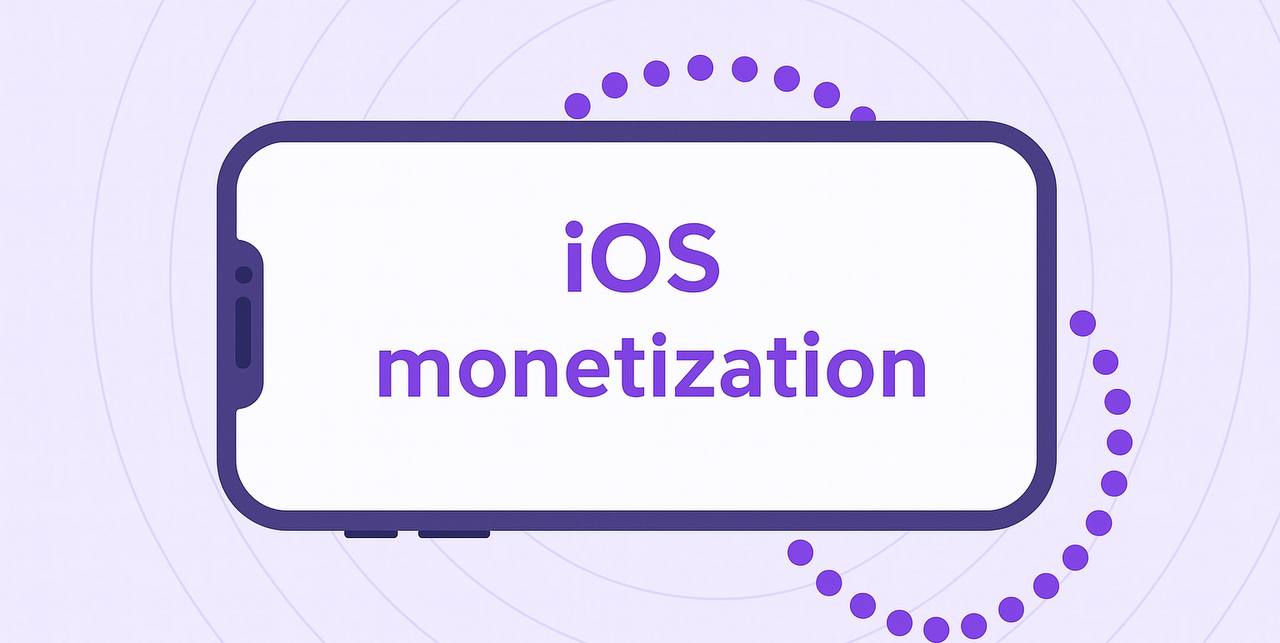 Illustration of a horizontally oriented iPhone with the text "iOS monetization" on the screen, surrounded by a dotted purple arc and soft concentric circles on a lavender background, symbolizing passive monetization in the Apple ecosystem.