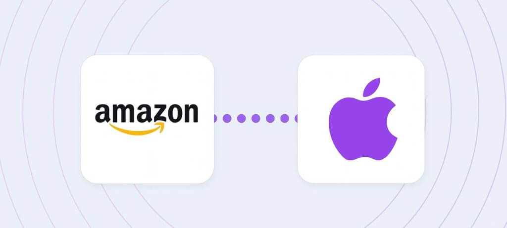Amazon and Apple logos on a light purple background with concentric circles; both logos are placed in rounded white rectangles and styled in a cohesive purple-black color scheme inspired by Infatica SDK branding.