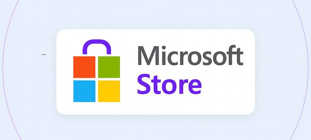 Microsoft Store logo on a light lavender background with concentric purple circles. The logo is placed inside a white rounded rectangle and features the classic Microsoft four-color square on the left, with the text 'Microsoft Store' beside it—'Store' highlighted inside a purple-bordered box