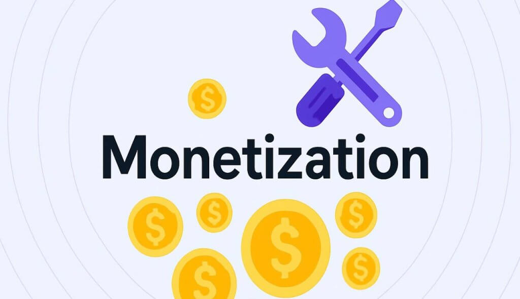 Flat‑style illustration with the word 'Monetization' centered, surrounded by golden coins with dollar signs and purple tools (wrench and screwdriver) on a soft lavender background with circular lines — symbolizing app monetization tools and revenue generation.