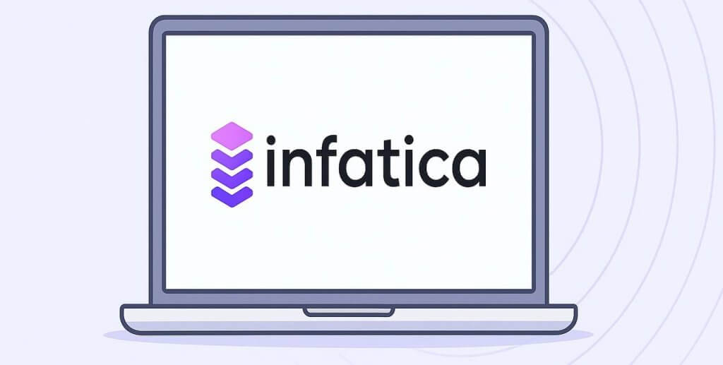 Flat-style digital illustration of a gray open laptop positioned slightly right of center, with the word 'Infatica' displayed on its screen. The background features soft lavender concentric lines radiating outward, creating a clean and modern tech aesthetic.
