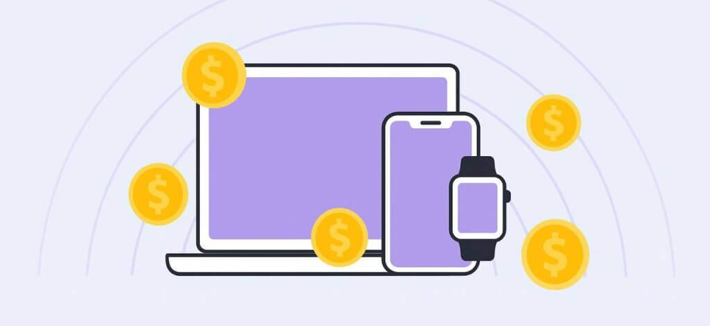 Illustration of a laptop, smartphone, and smartwatch surrounded by gold coins with dollar signs, symbolizing cross-platform app monetization. The background features soft lavender tones and concentric purple lines, matching the Infatica SDK brand style.