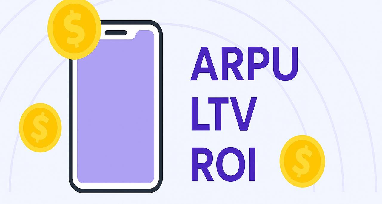 Illustration of a smartphone with a purple screen surrounded by yellow coins with dollar signs. To the right, large purple letters show the financial metrics ARPU, LTV, and ROI.