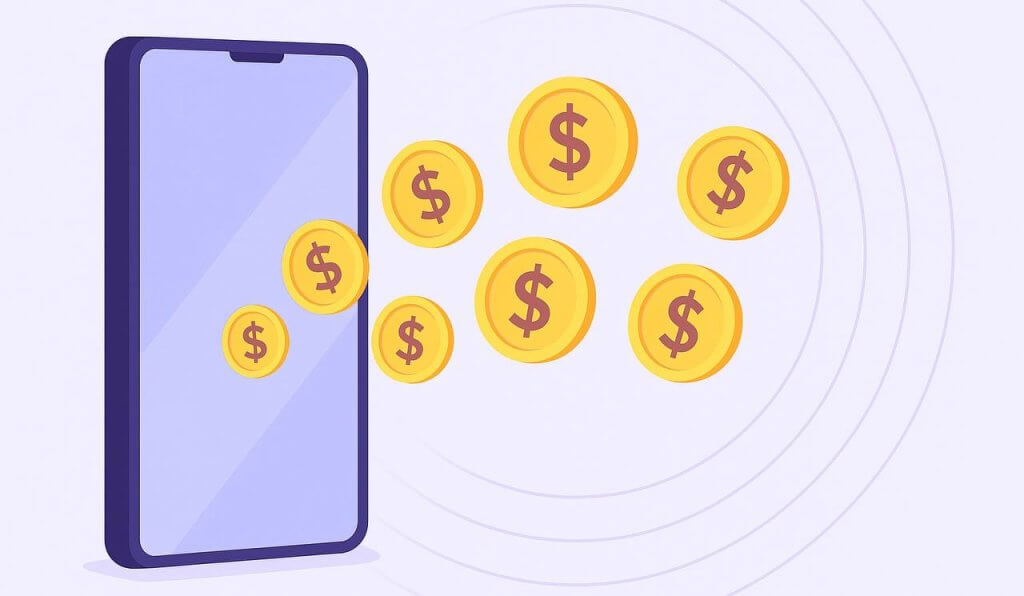 Illustration of a smartphone with gold coins featuring dollar signs flying out of the screen, representing mobile payments or digital financial transactions.