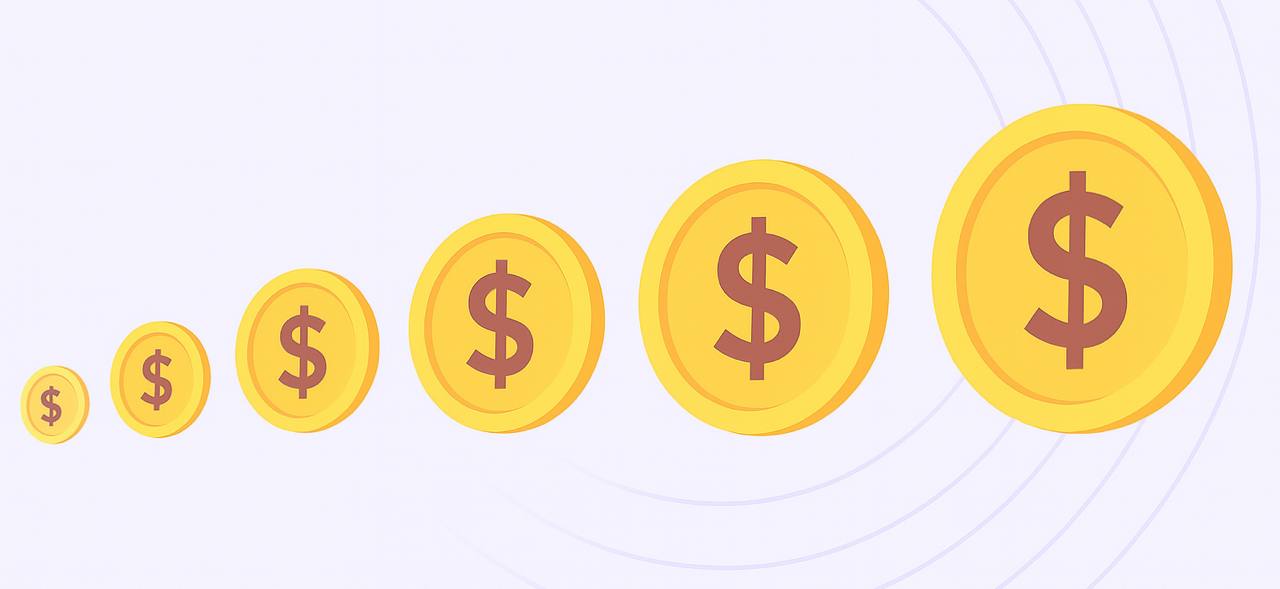 A flat vector illustration of seven gold coins with dollar signs, increasing in size from left to right, set against a light purple background with soft concentric arcs.