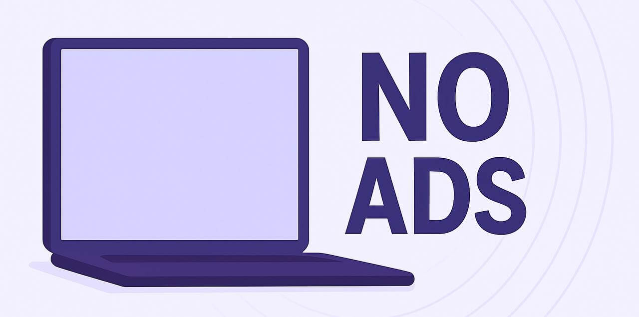 A flat-style digital illustration featuring a computer with a purple screen and the bold text 'NO ADS' beside or on it, set against a light purple background with soft concentric rings.