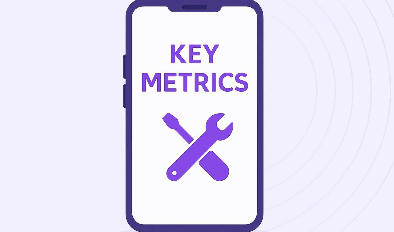 A flat vector illustration of a smartphone with the words 'KEY METRICS' on its screen, accompanied by purple wrench and screwdriver icons, set against a light purple background with concentric lines