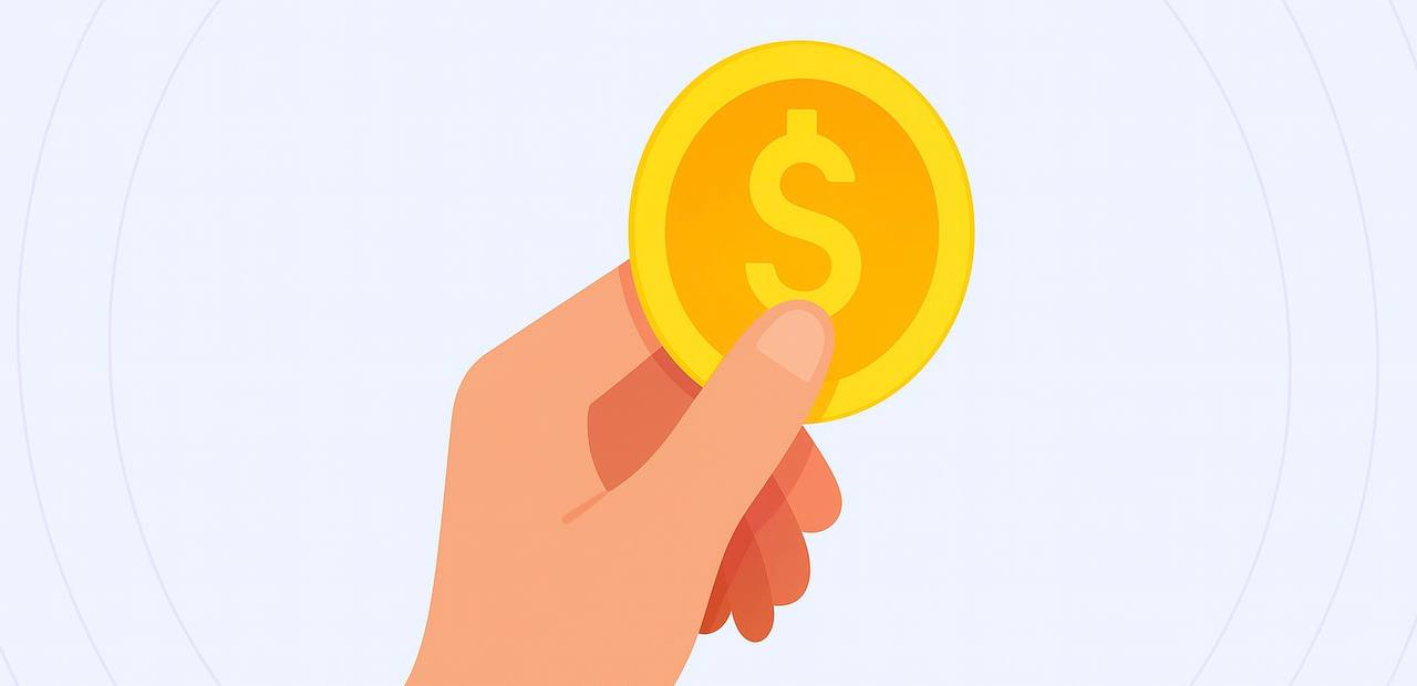 A flat-style digital illustration of a human hand holding a shiny gold coin with a dollar sign, set against a light purple background with concentric circles.