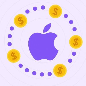 A flat-style illustration showing a purple Apple logo surrounded by a ring of alternating gold dollar coins and purple dots, set against a light lavender background with subtle concentric lines.