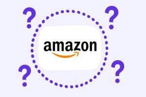 Amazon logo surrounded by a purple dotted line with question marks outside the dotted line.
