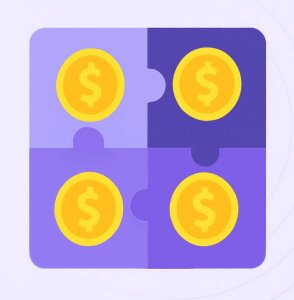 Four purple puzzle pieces arranged in a 2x2 grid, each containing a shiny gold coin with a dollar sign. The pieces fit together symmetrically, set against a light purple background with subtle radiating lines.