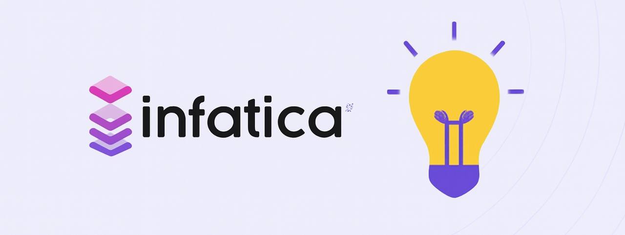 Infatica logo on the left, featuring stacked purple and pink chevron-like shapes, and a yellow lightbulb icon on the right with purple rays radiating outward, all set against a soft lavender background.