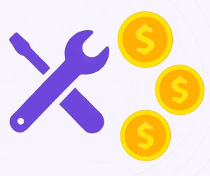 Crossed purple wrench and screwdriver in the center, surrounded by four golden coins with dollar signs, all set against a soft lavender background with subtle curved lines.