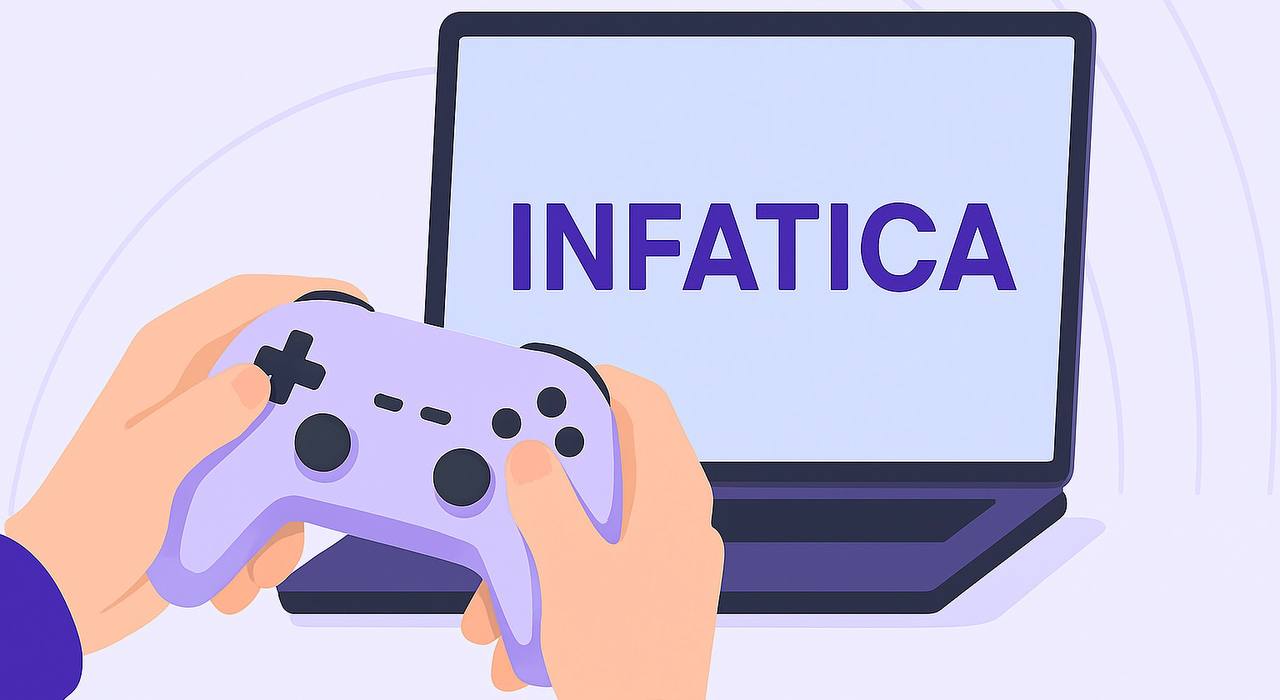 Hands holding a light purple game controller in front of a laptop screen displaying the word "INFATICA"; flat digital illustration with a minimalist, lavender-toned background.
