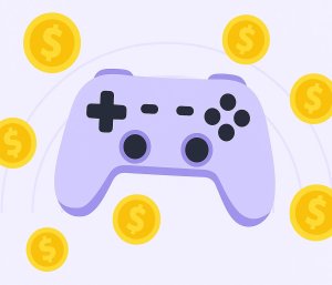 A flat-style digital illustration of a light purple gaming controller surrounded by golden coins with dollar signs, set against a soft lavender background with curved accent lines.