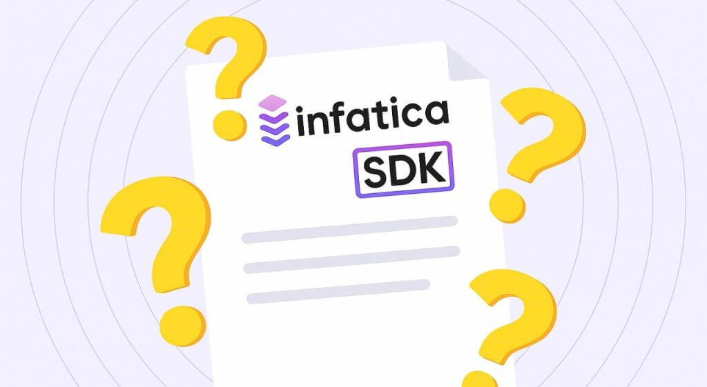 Flat-style illustration of a document labeled 'infatica SDK' surrounded by large yellow question marks, representing questions about ethical data monetization.