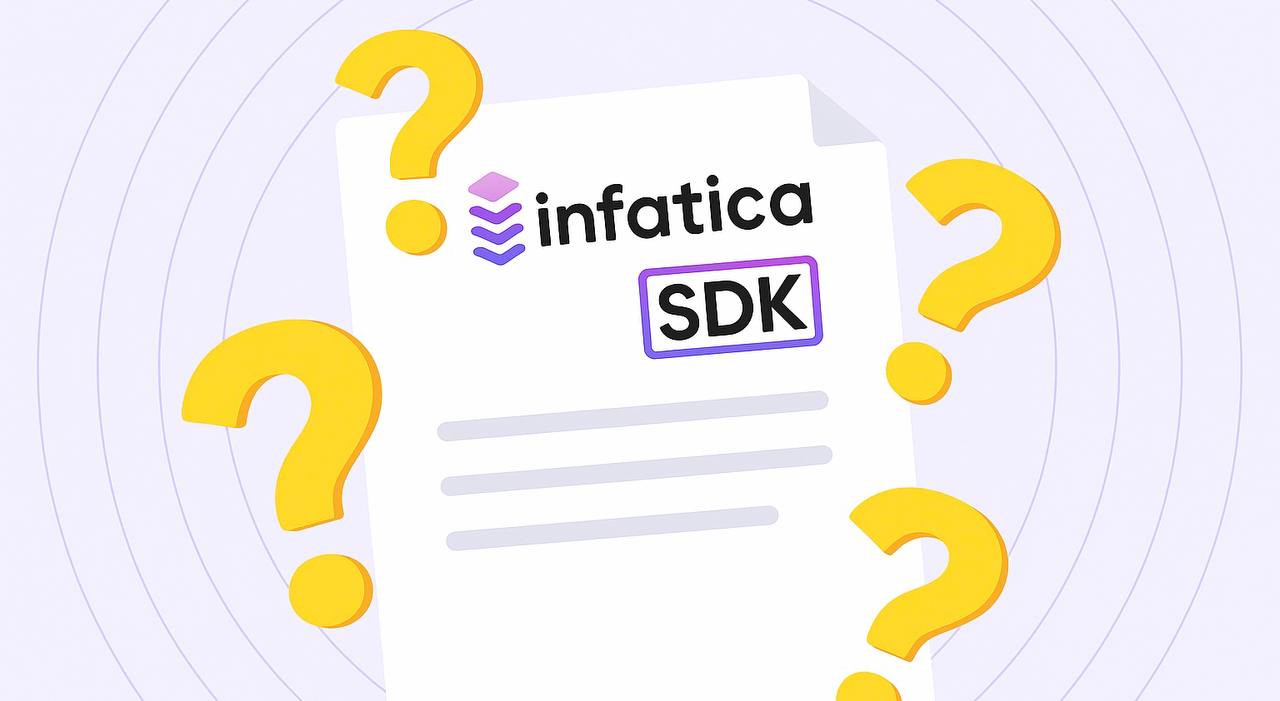 Flat-style illustration of a document labeled 'infatica SDK' surrounded by large yellow question marks, representing questions about ethical data monetization.