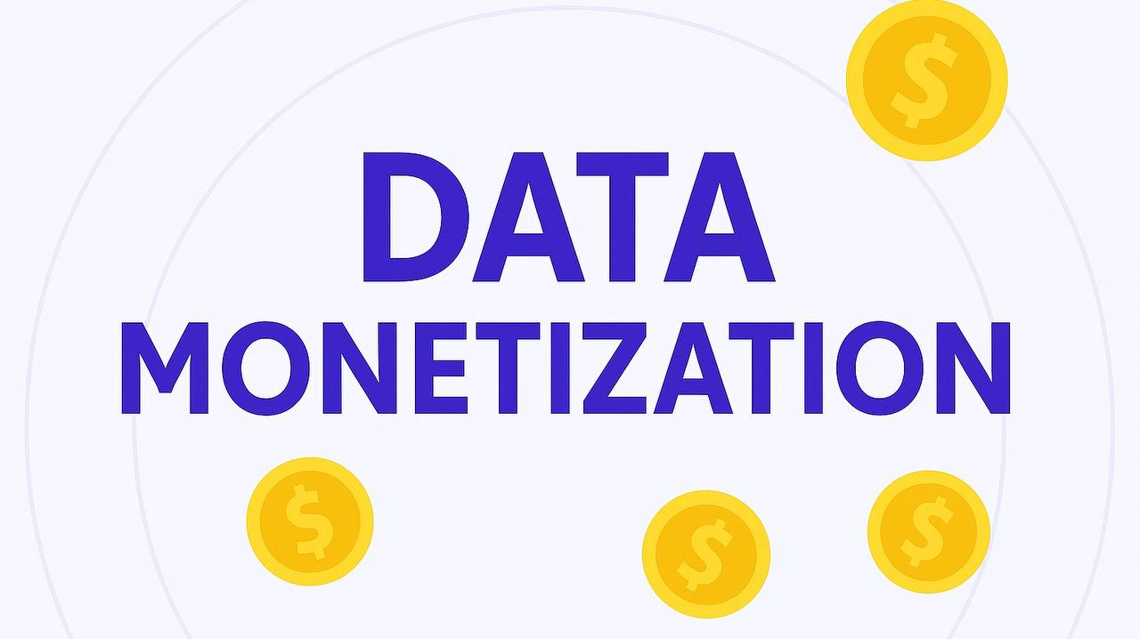 Flat-style illustration featuring a purple smartphone, a document labeled ‘DATA’, and the phrase ‘DATA MONETIZATION’ in bold text, with dollar coins around the elements