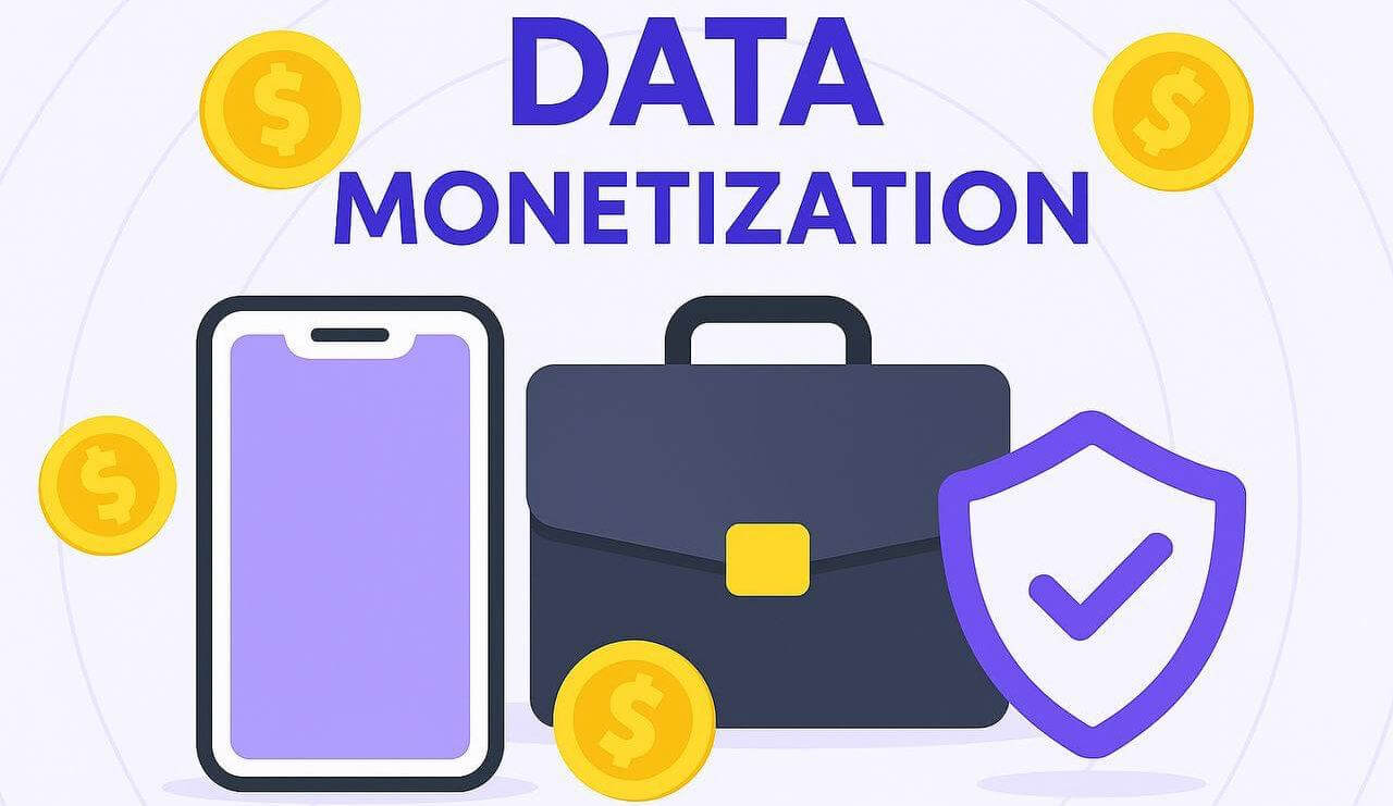 Flat-style illustration showing the phrase 'DATA MONETIZATION' above a smartphone, a business briefcase, and a shield with a security lock, surrounded by golden coins on a light purple background.