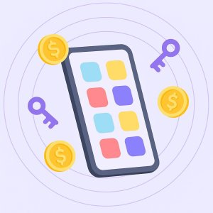 A digital illustration of a smartphone displayed at a slight angle against a lavender background with concentric purple rings. The phone screen shows a grid of colorful app icons, surrounded by gold coins with dollar signs and purple key icons, creating a balanced and clean composition in a flat design style.
