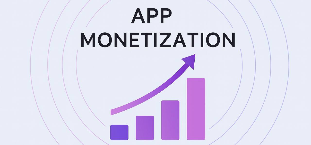 Infographic showing the phrase 'APP Monetization' above a rising purple bar chart with four columns and an upward arrow, set against a soft lavender background with concentric circular lines.