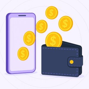 Flat-style digital illustration of a smartphone on the left with golden dollar coins flying from its screen into a dark blue wallet on the right, set against a soft lavender background with circular gradient patterns.