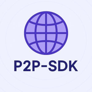 Flat-style digital illustration showing a stylized purple globe icon with latitude and longitude lines, accompanied by the text 'P2P-SDK' in bold font on a light lavender background with circular radiating lines.