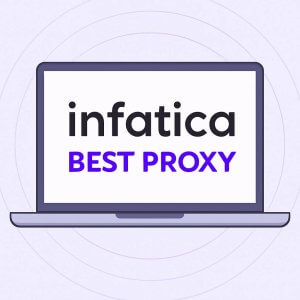 "A clean 2D digital illustration of a laptop displaying the Infatica logo on the left and the phrase 'Best proxy' in bold purple text on the right, set against a light lavender background with subtle concentric circles