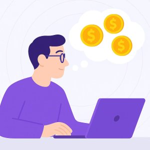 A flat-style digital illustration of a young man in a purple shirt sitting sideways at a desk with a laptop, thinking about gold coins with dollar signs, on a soft lavender background with subtle concentric circles.