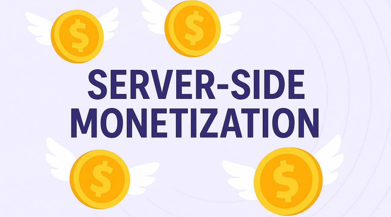 Illustration of four golden coins with white wings surrounding bold text "SERVER-SIDE MONETIZATION" on a light purple background with subtle arc patterns.