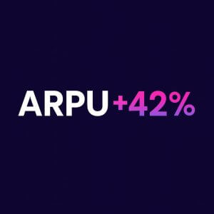 Digital banner with the phrase 'ARPU +42%' in bold white and gradient text on a dark purple background, styled in Infatica SDK's brand colors