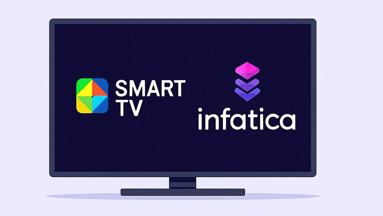 Flat illustration of a modern Smart TV with 'Smart TV' and 'Infatica' logos on screen, set against a soft lavender background.