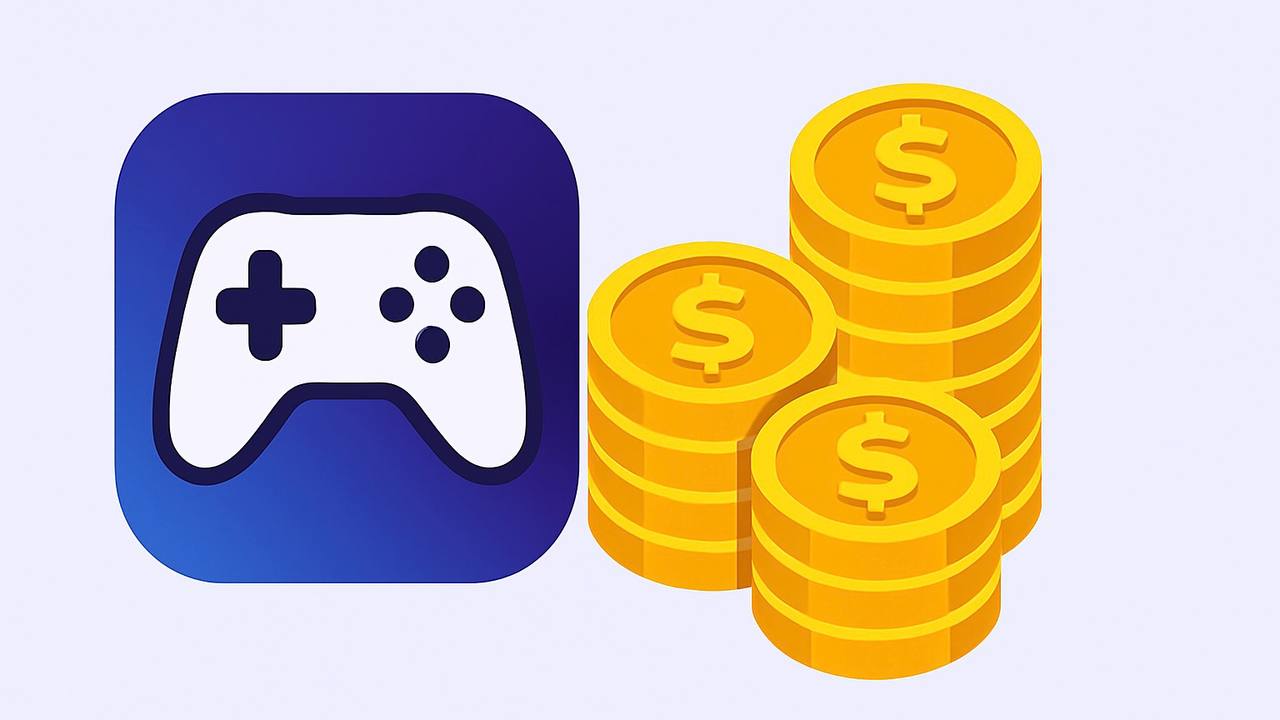 Flat-style illustration of a white gaming controller icon next to stacked gold coins with dollar signs, symbolizing game monetization, on a light purple background.