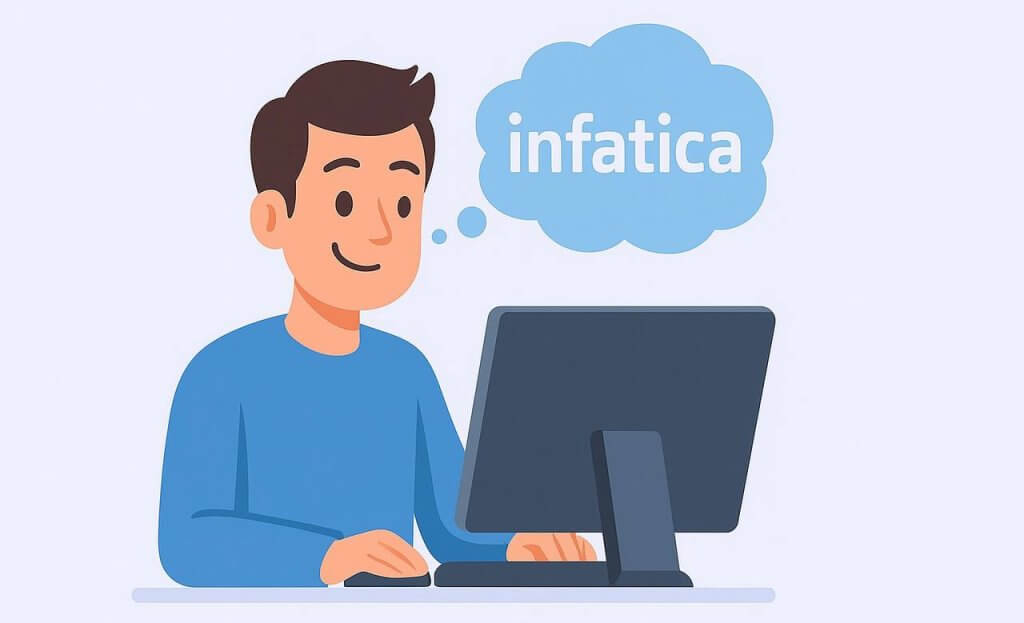 A flat-style digital illustration features a smiling young man sitting at a computer with a thought bubble above his head displaying the word “infatica.”