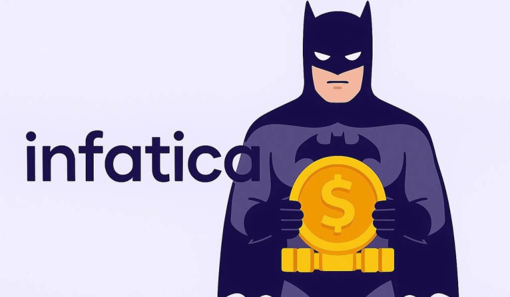 Flat-style illustration of a cartoon-style Batman holding a golden coin with a dollar sign on it, standing next to the Infatica logo on a light purple background.