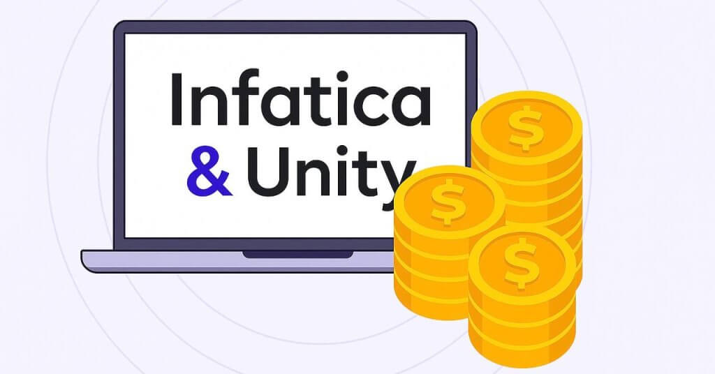 A digital illustration of a laptop displaying the words 'infatica & Unity' next to stacks of gold coins, symbolizing app monetization, on a light purple background with subtle circular patterns.