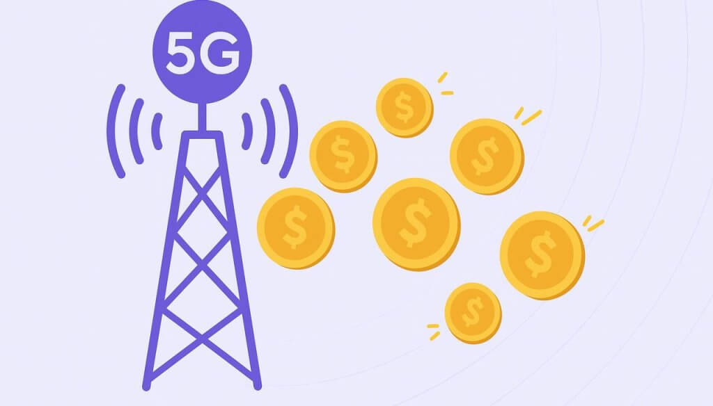 A flat-style digital illustration features a purple 5G telecom tower on the left emitting gold coins with dollar signs, symbolizing financial generation from 5G, set against a soft lavender background.