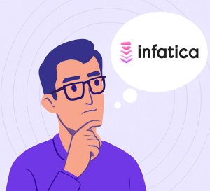 A digital illustration of a man in his late twenties or early thirties, with short dark purple hair and thick-framed glasses, deep in thought about 'Infatica.' He gazes upwards at a thought bubble containing the Infatica logo, set against a soft lavender background with concentric circles.