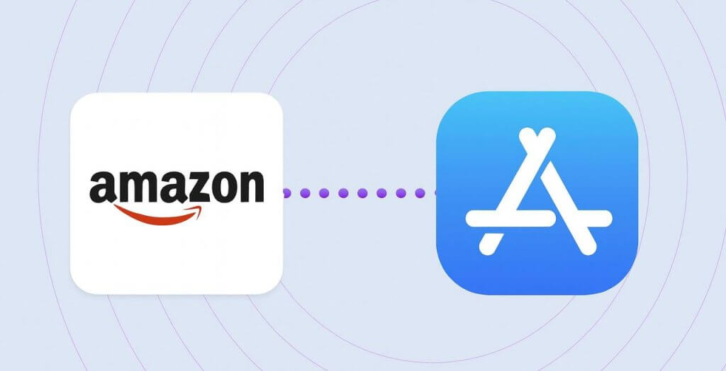 A digital vector illustration showing the Amazon logo on the left and the Apple App Store logo on the right, connected by a dotted purple line. The background is light purple with concentric circles radiating outward.