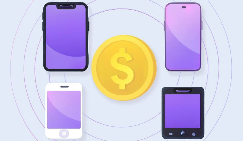 Four smartphones arranged around a central golden coin with a dollar sign. The smartphones have gradient purple screens and are set against a soft lavender background with subtle concentric circles. The gold coin stands out in the center, symbolizing monetization.