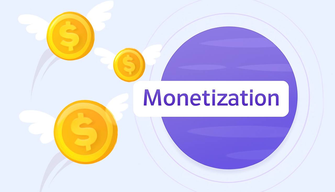 Three winged gold coins with dollar signs soaring toward a purple planet labeled 'Monetization'. The background features soft lavender concentric circles, and the coins leave motion trails, creating a dynamic and engaging visual.