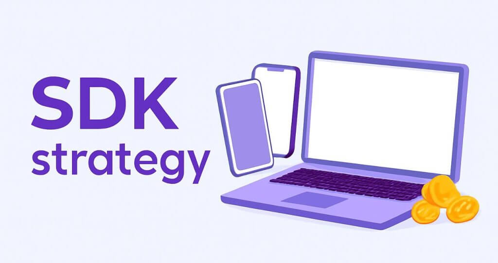 A minimalist, flat-style digital illustration featuring the bold text 'SDK strategy' in purple, set against a soft lavender background. To the right, a purple laptop with a blank screen is surrounded by two smartphones, with three golden coins placed nearby. The overall design is modern and clean, with a harmonious color palette of purple, lavender, and gold.