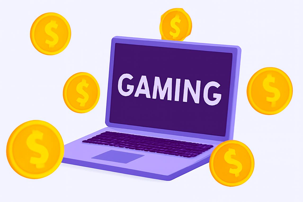 A sleek purple laptop displaying the word 'GAMING' in bold white letters, surrounded by flying golden coins with dollar signs and wings, set against a soft lavender background.